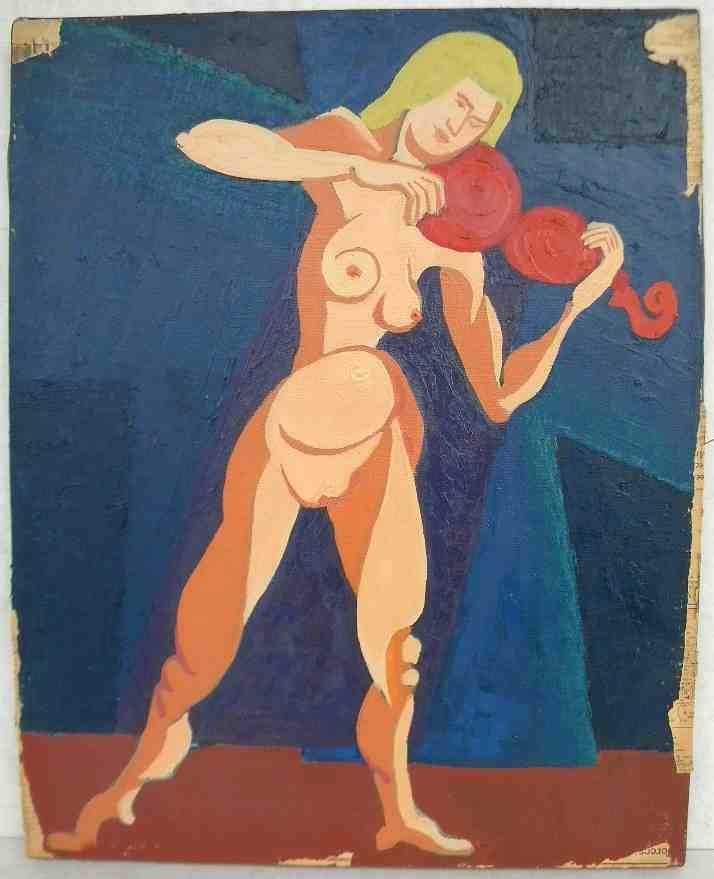 ALFRED STATLER IMPRESSIONIST O/C NUDE WOMAN PLAYING: ALFRED STATLER IMPRESSIONIST O/C NUDE WOMAN PLAYING FIDDLE, DATED ON BACK 1968, UNSIGNED, CANVAS MEASUERS 20" X 16"