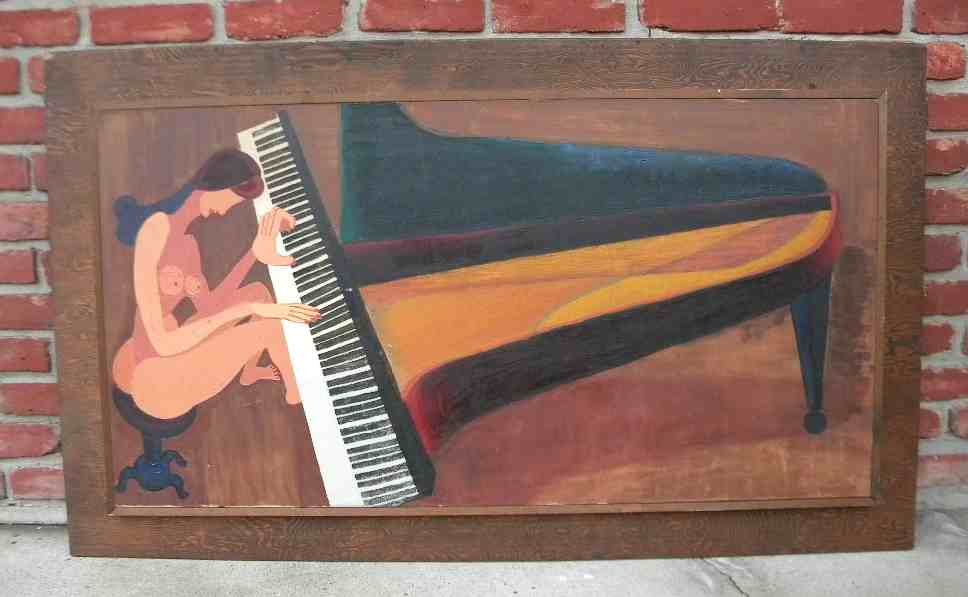ALFRED STATLER IMPRESSIONIST O/C NUDE WOMAN PLAYING: ALFRED STATLER IMPRESSIONIST O/C NUDE WOMAN PLAYING GRAND PIANO, SIGNED, DATED 1971, SOME PAINT FLAKING, CANVAS MEASURES 24" X 46"