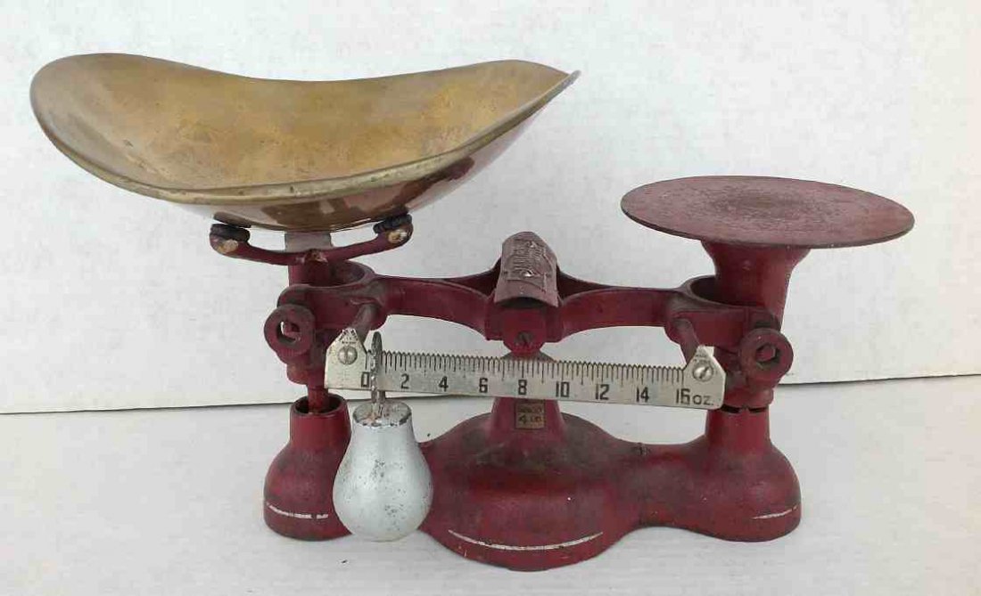 JACOBS New York 19thC Balance Scale with Brass Pan.: JACOBS New York 19thC Balance Scale with Brass Pan. From old Pharmacy in Kingston, N.Y. Measures 13" long. Nice old red paint.