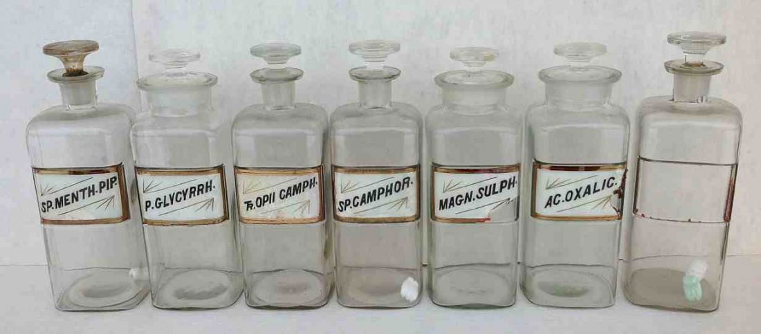 7 Early Large Apothecary Jars with Labels under glass,: 7 Early Large Apothecary Jars with Labels under glass, from old Kingston, N.Y. Pharmacy. Some in better condition, than others. Measure 12" high. One has no label, as pictured.