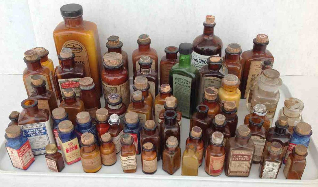 Collection of early Drug Store Bottles, most brown: Collection of early Drug Store Bottles, most brown glass, most all with paper labels, from old Kingston, New York Pharmacy. Most all in nice condition.