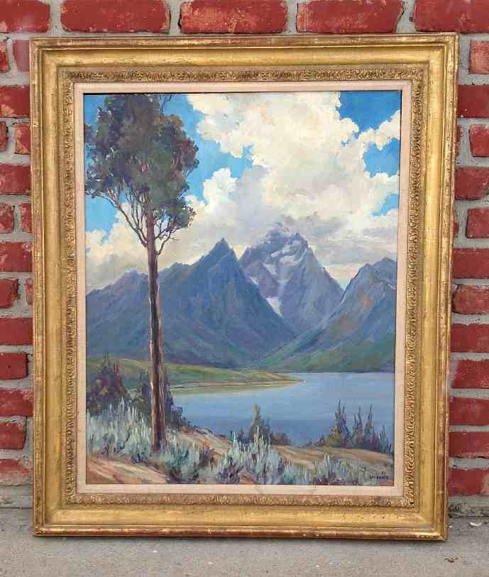 Theodore M Wassmer o/b "Storm in the Tetons": Theodore M Wassmer o/b "Storm in the Tetons", with Exhibition label on back, as pictured from the University of Utah. Measures 30" x 24". In nice decorative gilt frame. Resided for a while in Woodstoc