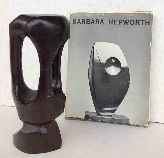 BARBARA HEPWORTH (?) Wood Mid Century Sculpture: BARBARA HEPWORTH (?) Wood Mid Century Sculpture, came from Woodstock, New York estate, along with book, as pictured. Book is dated 1961. Sculpture measures 12 1/4\" high, not signed, made of a hard wo