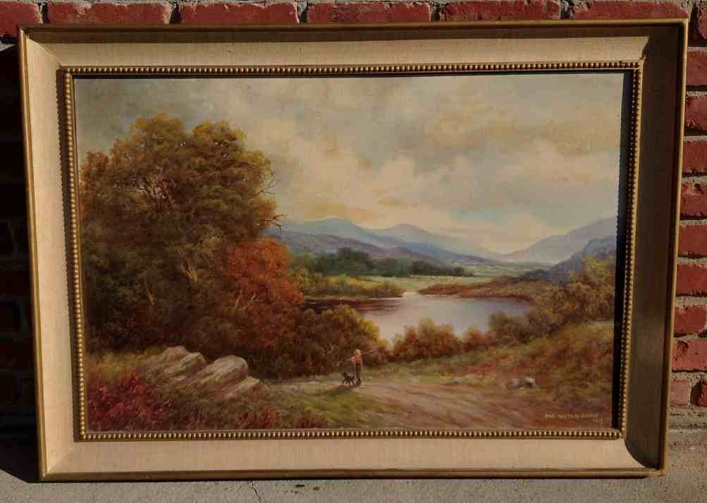 Paul Wesley Arndt Woodstock NY 1969 o/c Landscape: Paul Wesley Arndt Woodstock NY 1969 o/c Landscape, with man & dog walking along path, mountains and water in background. Signed and dated lower right, canvas measures 24\" x 37\", in frame of the peri