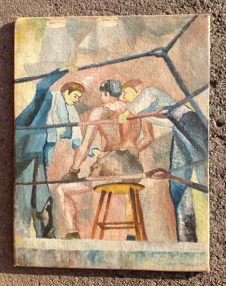 John Ruggles 1907-1991 o/b Boxer In Corner With Trainer: John Ruggles 1907-1991 o/b Boxer In Corner With Trainer, signed lower right, measures 18" x 14", worked in Woodstock, N.Y. From private Woodstock estate collection.