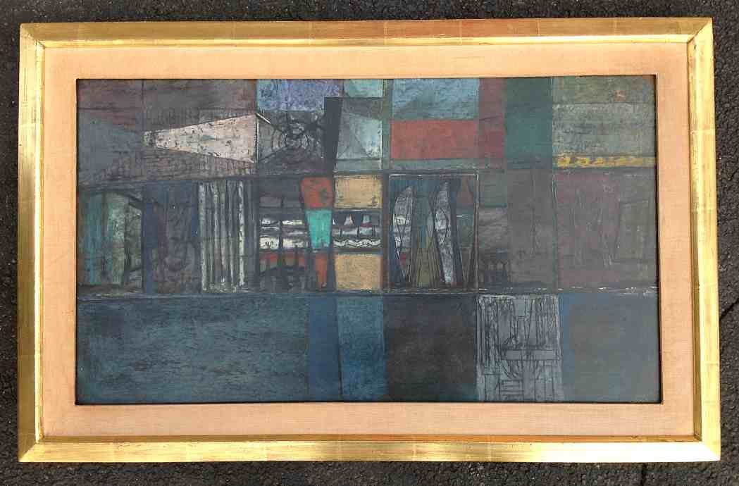 JOHN EDWARD HELIKER o/b Geometric Abstract 1949: JOHN EDWARD HELIKER o/b Geometric Abstract, from Woodstock, N.Y. estate collection. Has 2 Gallery labels on back, as pictured. KRAUSHAAR GALLERIS in NYC & WHITNEY MUSEUM OF AMERICAN ART, NYC. It is ti