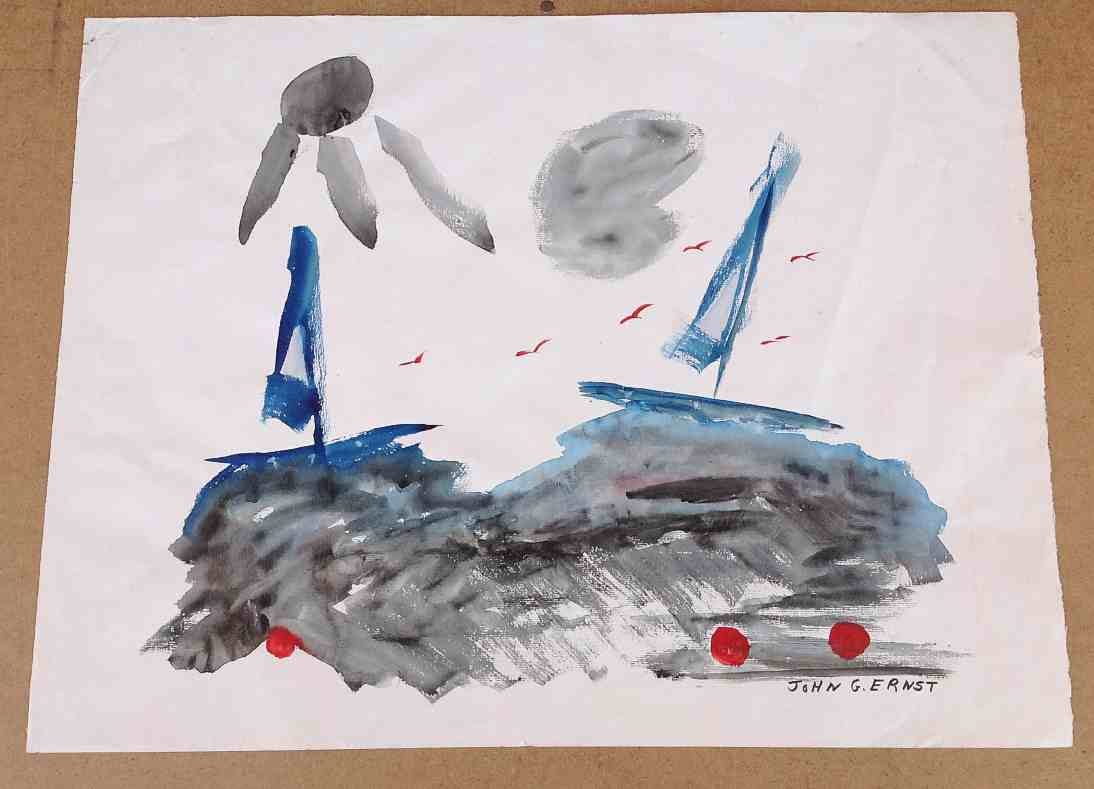 JOHN G. ERNST ABSTRACT W/C WITH BOATS Woodstock NY: JOHN G. ERNST ABSTRACT W/C WITH BOATS, unframed, measures 19" x 24". From Woodstock, N.Y. estate collection we are selling... "It's very hard to be a painter." John G. Ernst