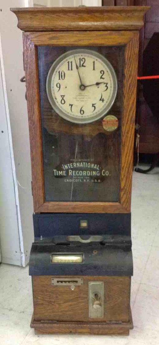 INTERNATIONAL TIME RECORDING CO. TIME CLOCK: INTERNATIONAL TIME RECORDING CO. TIME CLOCK, from local estate in town, was used in her Father's business, nice overall condition. Original finish to oak case, measures 39 1/2" high.