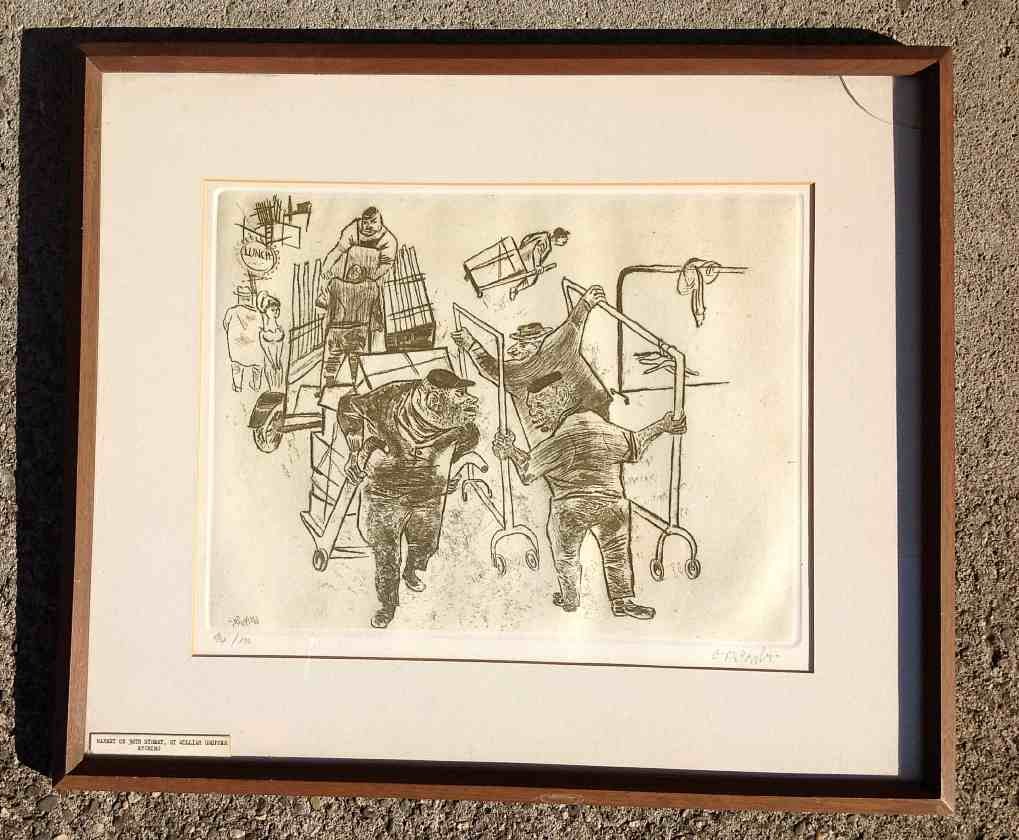 WILLIAM GROPPER Signed Etching Market on 38th Street: WILLIAM GROPPER Signed Etching Market on 38th Street, 94/100, signed lower right. Actual image measures 12 1/2" x 16", vg condition, crack in glass, upper right.