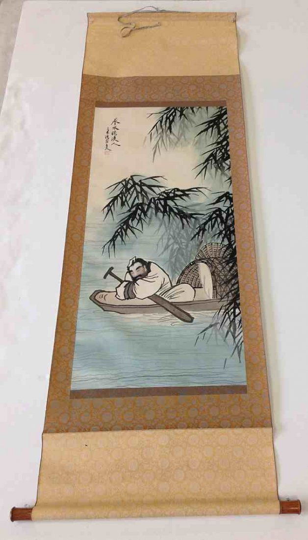 EARLY ASIAN HAND PAINTED SCROLL MAN IN BOAT: EARLY ASIAN HAND PAINTED SCROLL MAN IN BOAT, from estate collection we are selling, actual image measures 38 1/2" x 17 1/2".
