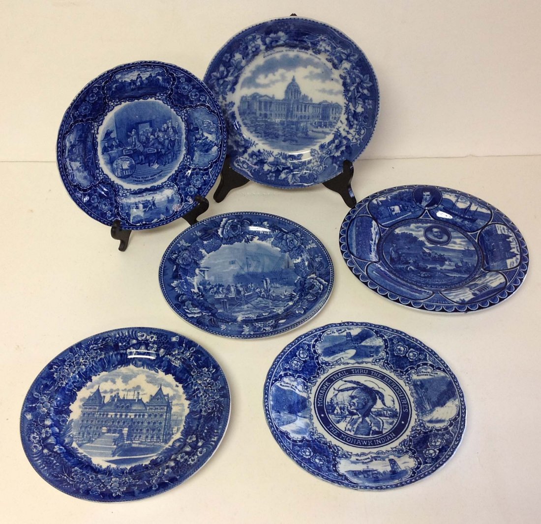 6 Early Blue collector plates: 6 Early Blue collector plates, includes Patrick Henry addressing Virginia Assembly 1765, New Capitol Albany NY, Boston Tea Party, Mohawk Trail through the Berkshires, Pennsylvania State Capital buildi