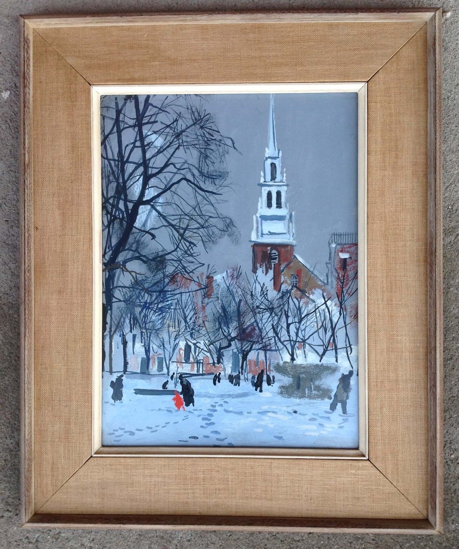 C1940s w/c winter scene with church and people walking: C1940s w/c winter scene with church and people walking in park from General Electric Corporate offices in NYC painting measures 18 x 13 nice Mid Century frame and mat, unsigned.