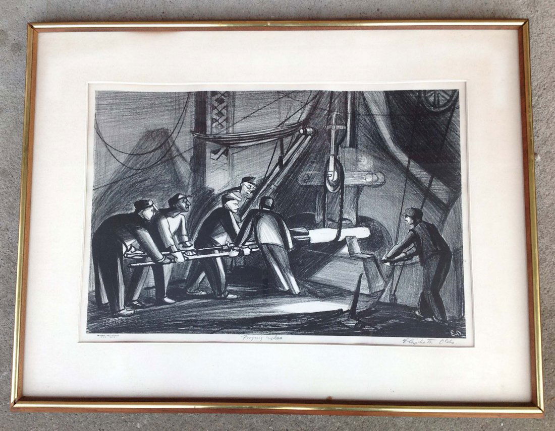 Elizabeth Olds signed WPA print titled "Forging Axles": Elizabeth Olds signed WPA print titled "Forging Axles" in lower left corner is Federal Art Project NYC WPA image measures 14 x 21