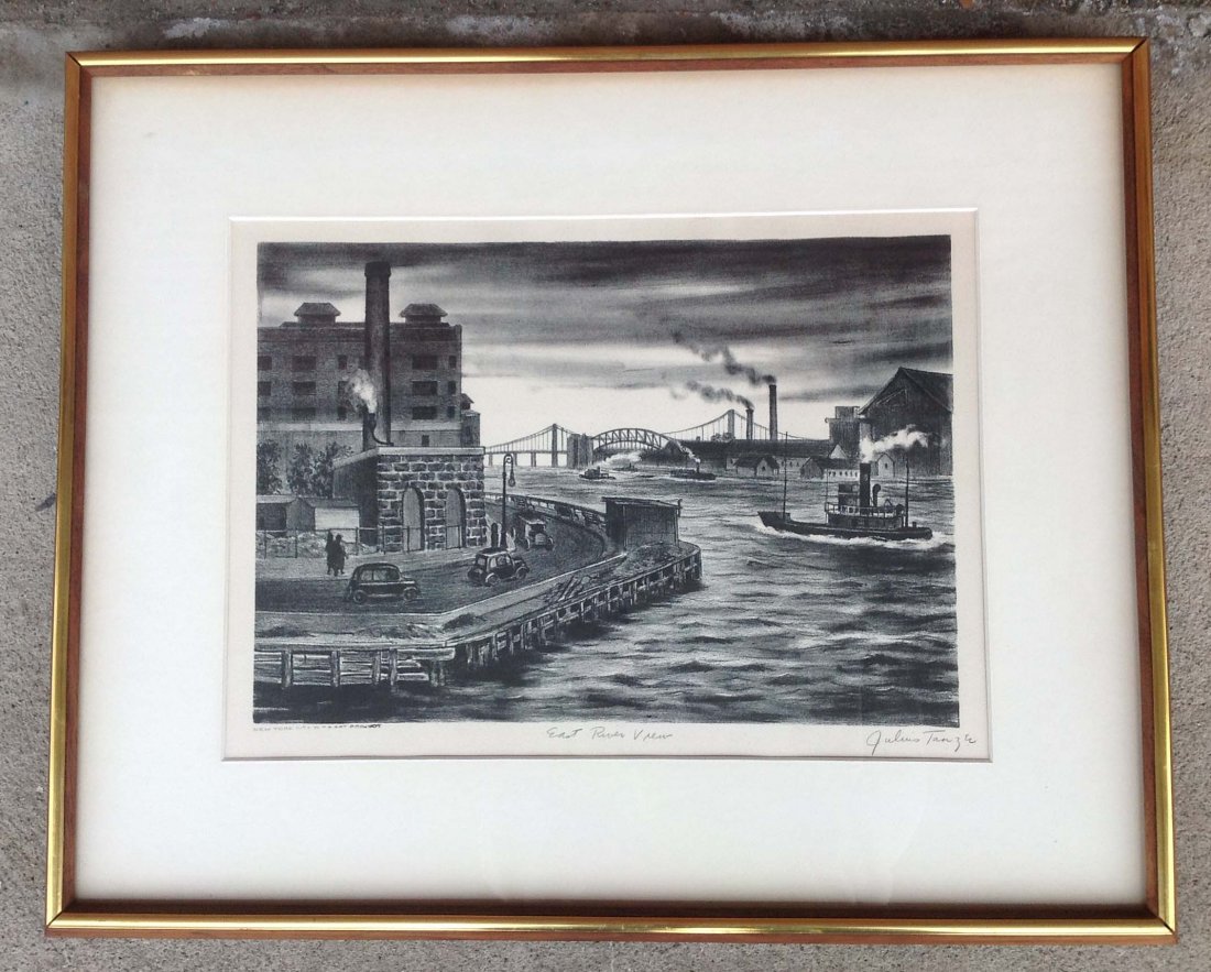 Julius Tanzer print "East River View" print: Julius Tanzer print "East River View" print stamped NYC WPA art project nicely framed and matted actual image measures 12 x 16