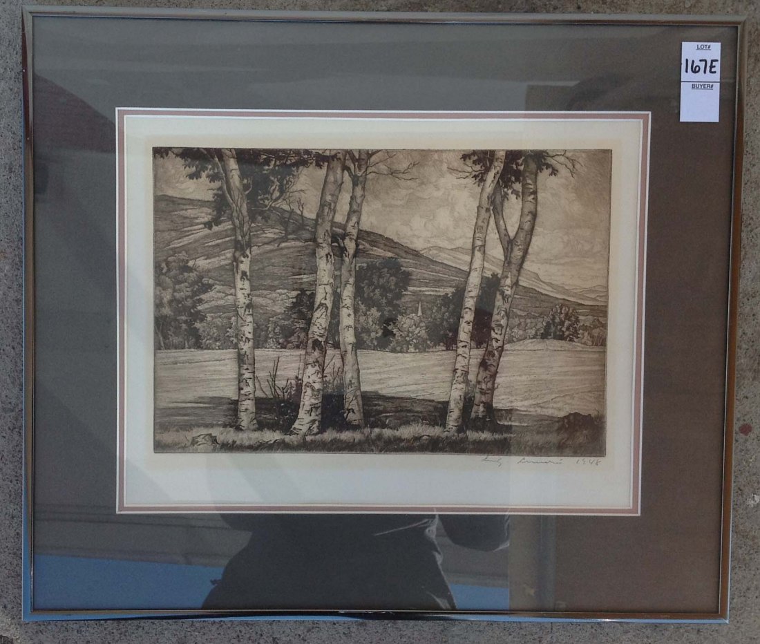 Luigi LUCIONI (1900-1988) Early print with birch trees: Luigi LUCIONI (1900-1988) Early print with birch trees and mountain in backround image measures 8 x 12