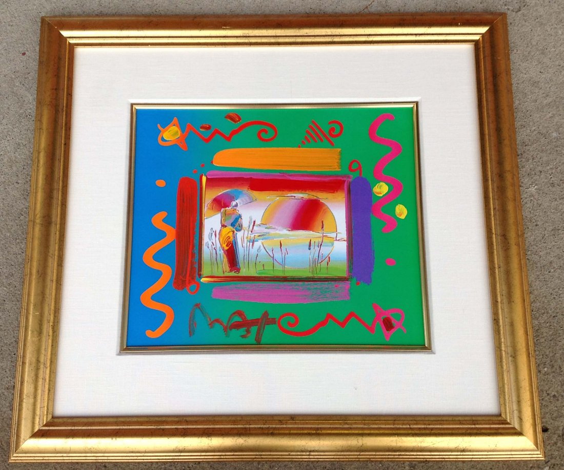 PETER MAX Rainbow Umbrella man collage: PETER MAX Rainbow Umbrella man collage nicely framed and matted image measures 12 x 14 signed lower left