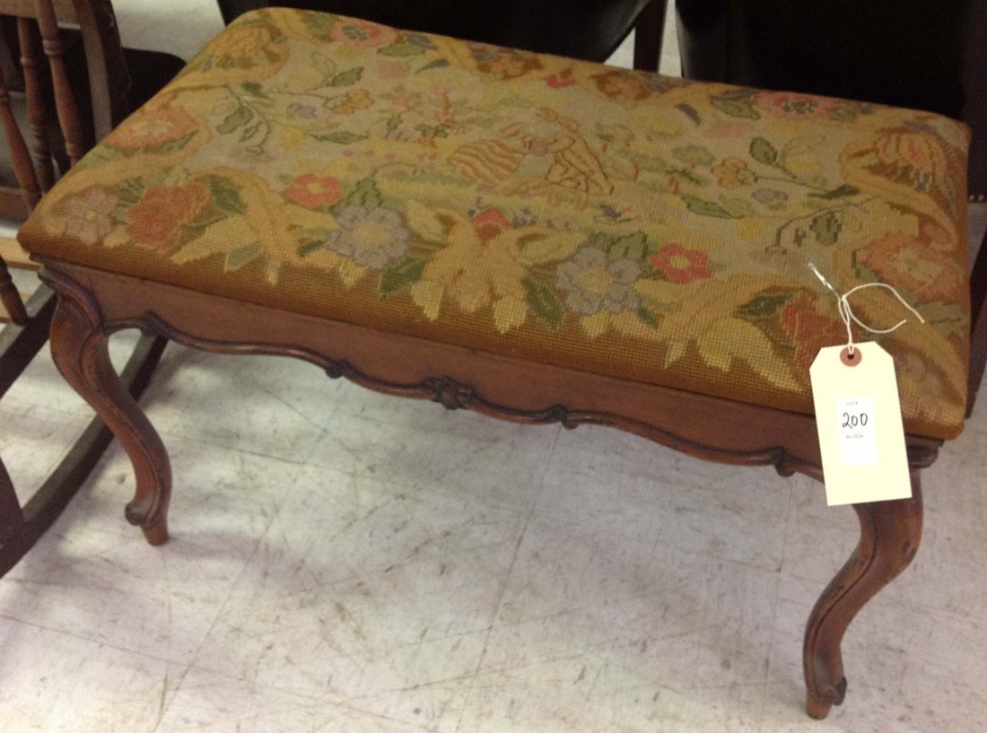 Piano bench with needlepoint seat: Early 20th C. piano bench with needlepoint seat 19 x 33 x 18