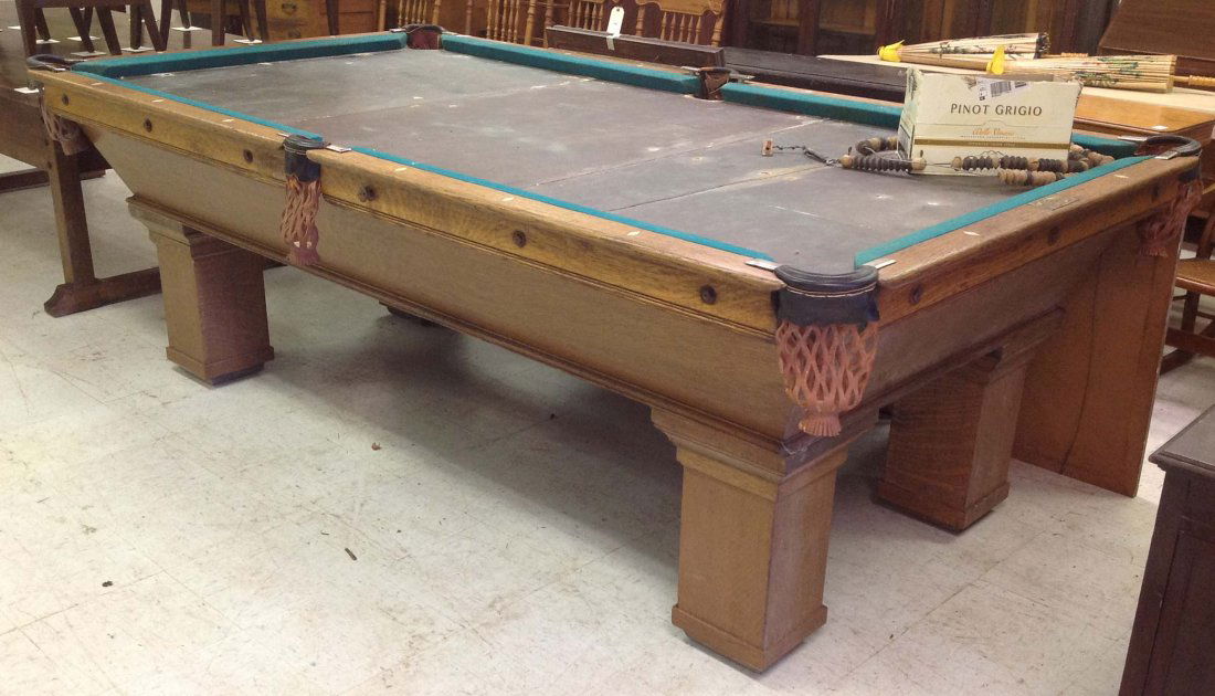 Brunswick, Balke Collender Co. oak pool table: Brunswick, Balke Collender Co. Monarch cushion oak pool table, needs restoration 34 x 103 x 55 1/2