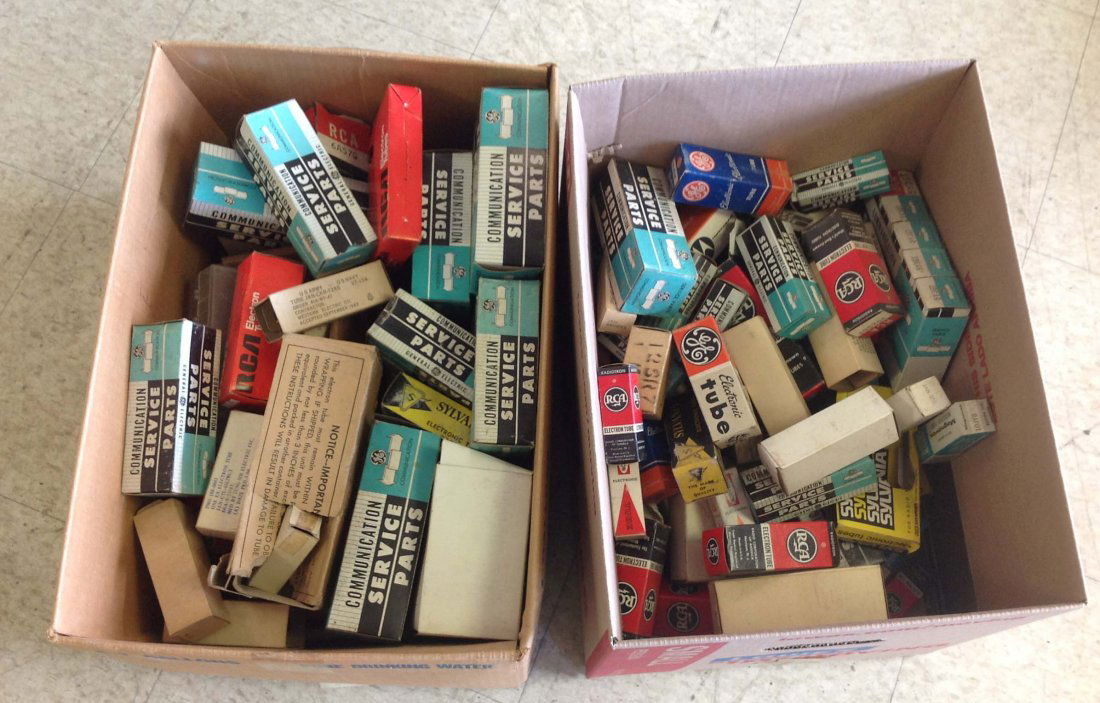 Early Radio tubes from old radio shop: 2 Boxes electronic tubes including GE, Sylvania, Motorola, and others