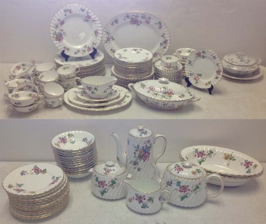 Large Lot of Minton China Vermont pattern: Large lot of Minton China Vermont pattern, service for 12, only 10 dessert cups, only 11 luncheon plates, serving pieces includes 2 bowls, 3 platters, coffee pot, teapot, covered bowl, sugar and cream