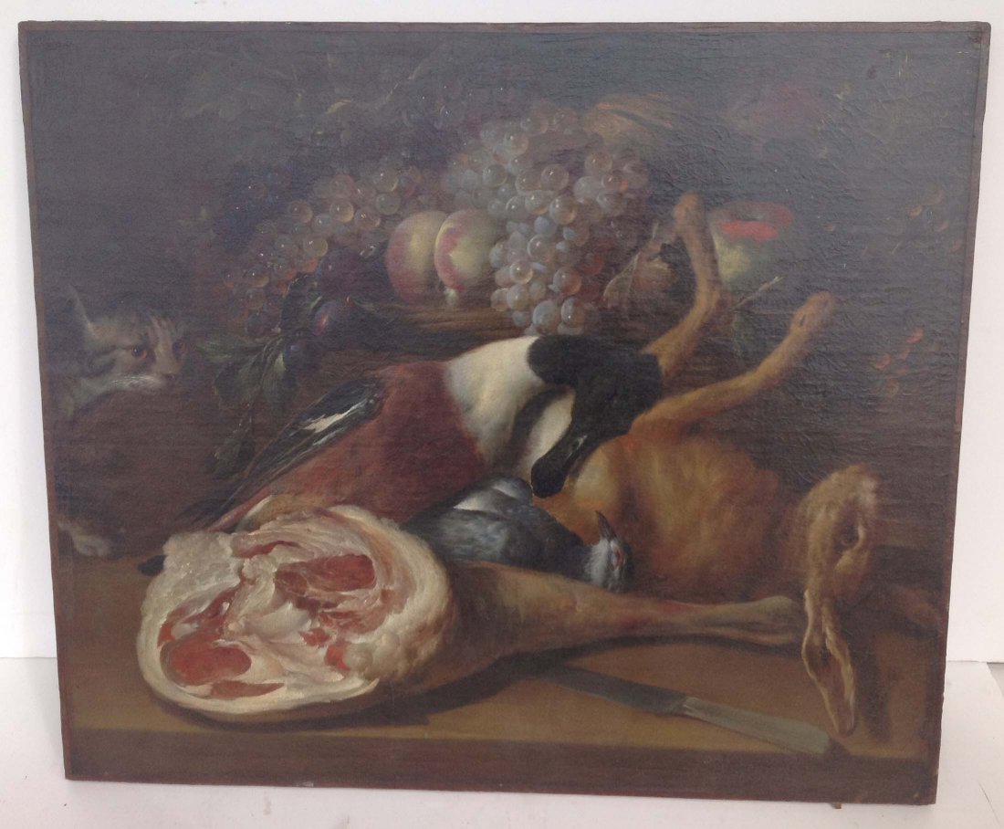 Early o/c fruit still life with game on table and cat: Early o/c fruit still life with game on table and cat watching off to the left of painting appears to have old relining canvas measures 26 1/2 x 22 1/2 unsigned most likely European