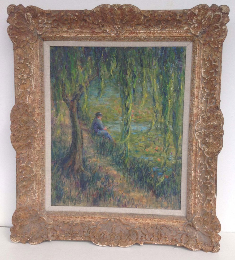 Impressionist o/c of man fishing 20th Century: Impressionist o/c of man fishing 20th Century in very decorative frame Claude Monet style