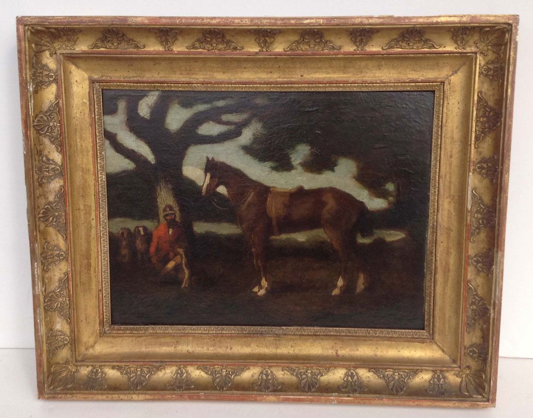 O/B Hunt scene in manner of Albert Pinkham Ryder: O/B Hunt scene in manner of Albert Pinkham Ryder titled "The Hunter" labels on back as pictured. Wood panel measures 12 x 16 in decorative frame