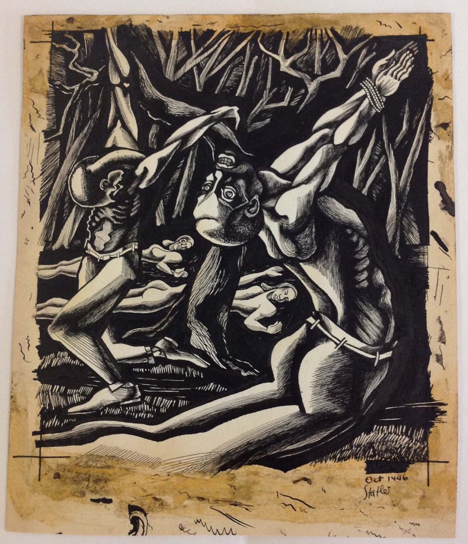 Alfred Statler pen and ink drawing of men tied up: Alfred Statler pen and ink impressionist drawing of men left tied up in woods, marked lower right "Oct 1946 Statler" entire image measures 10 1/2 x 9. This is part two and remaining photographs from t