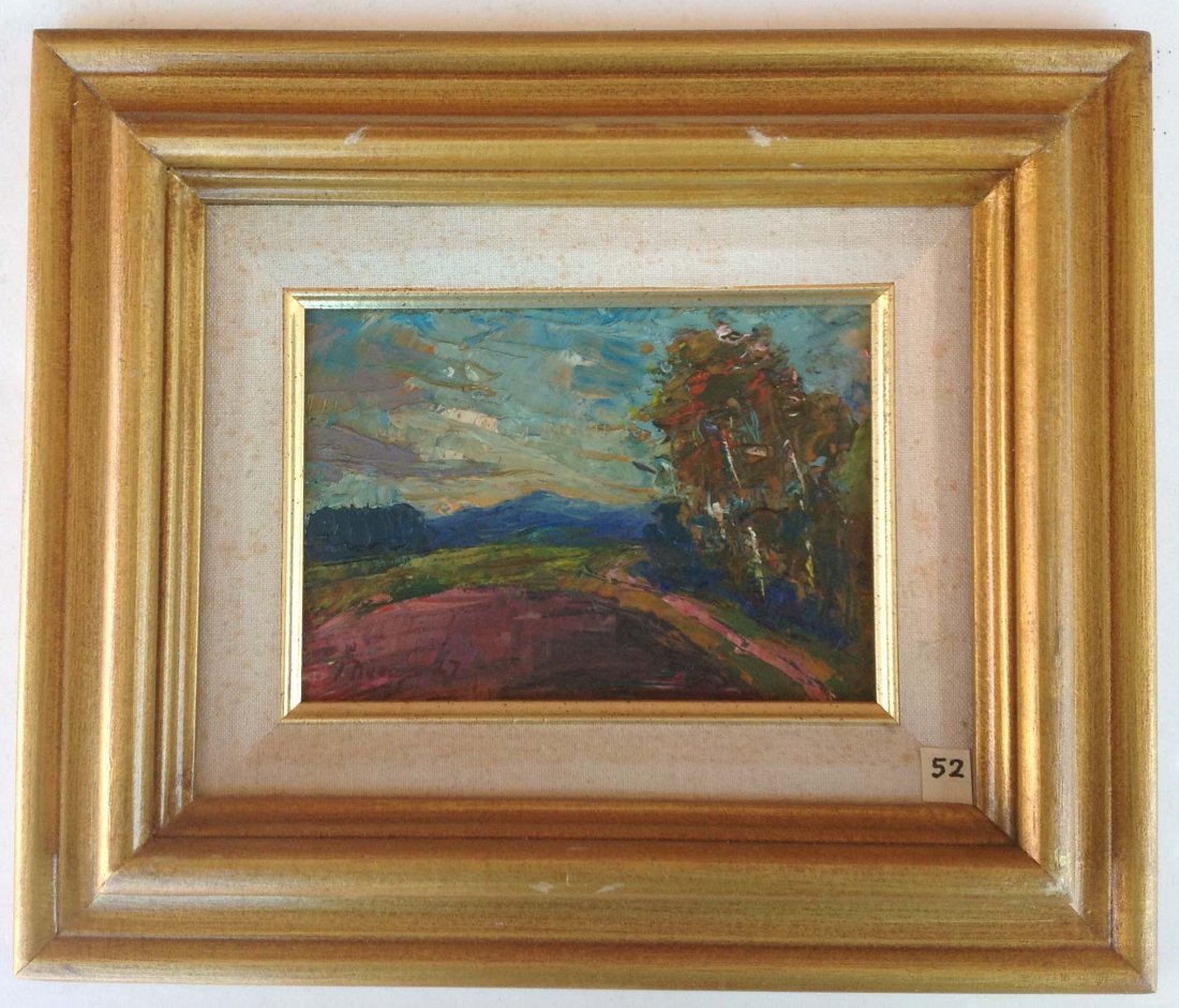 Iwan Denysenko O/B impressionist landscape: Iwan Denysenko O/B impressionist landscape signed lower left and dated 1947, actual image measures 5 x 7 Iwan Denysenko was born September 23, 1910 in Ukraine. His formal studies and training in art i