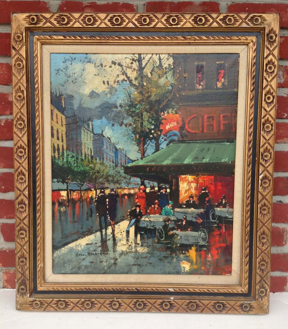 Henri Renard O/C of French street scene: Henri Renard O/C of French street scene, people seated at café, canvas measures 24 x 20