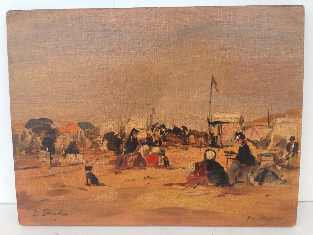 O/C Mounted on wood panel people seated at encampment: O/C Mounted on wood panel people seated at encampment (?) signed lower left E. Boudin, on lower right La Plage 1881 canvas measures 12 1/2 x 16 1/2 (Eugene Boudin?)