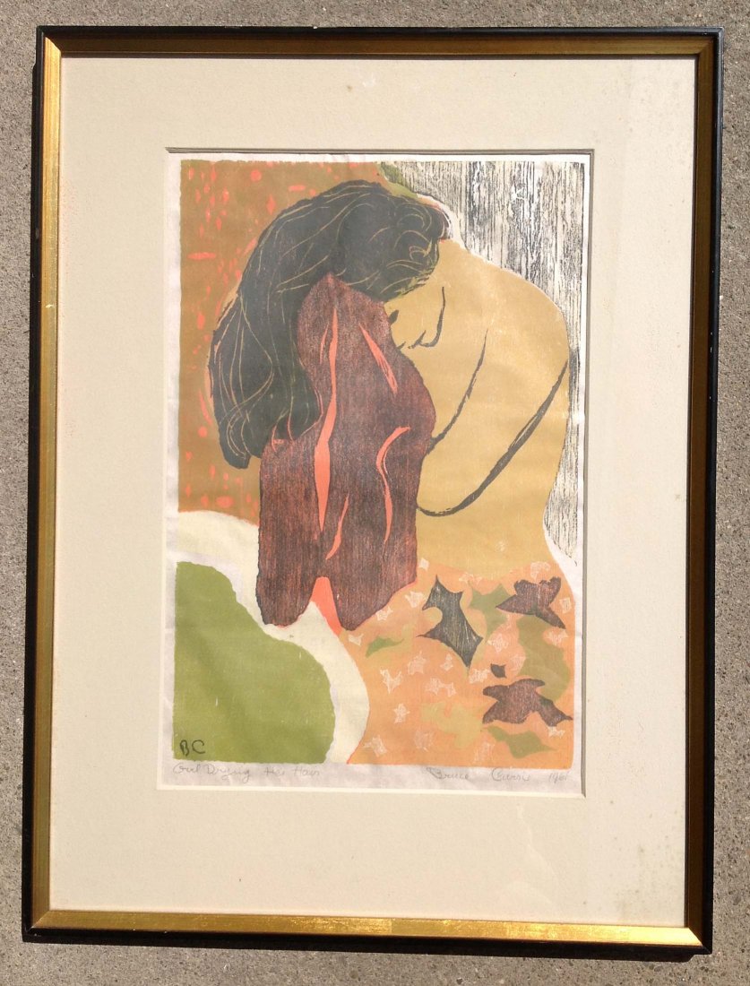 Bruce Currie signed wood block girl drying her hair: Bruce Currie signed wood block girl drying her hair 1961 nicely framed and matted, actual print measures 16 x 11