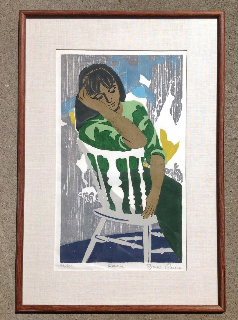 Bruce Currie signed wood block titled "Reverie": Bruce Currie signed wood block titled "Reverie" 42/100 nicely framed and matted actual image measures 18 x 12