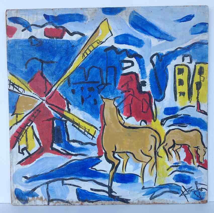 Attributed to Gen Paul, impressionist o/wood board of: Attributed to Gen Paul, impressionist o/wood board of deer with buildings in background, and windmill on the left. Signed lower right. Plywood board measures 32" x 33".