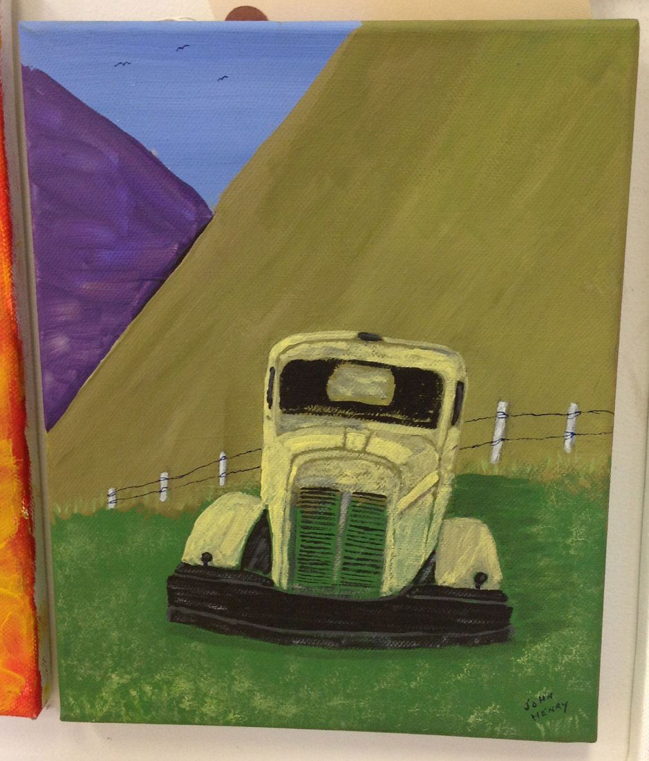 Abstract o/c of vehicle in field, signed John Henry: Abstract o/c of vehicle in field, signed John Henry measures 10 x 8