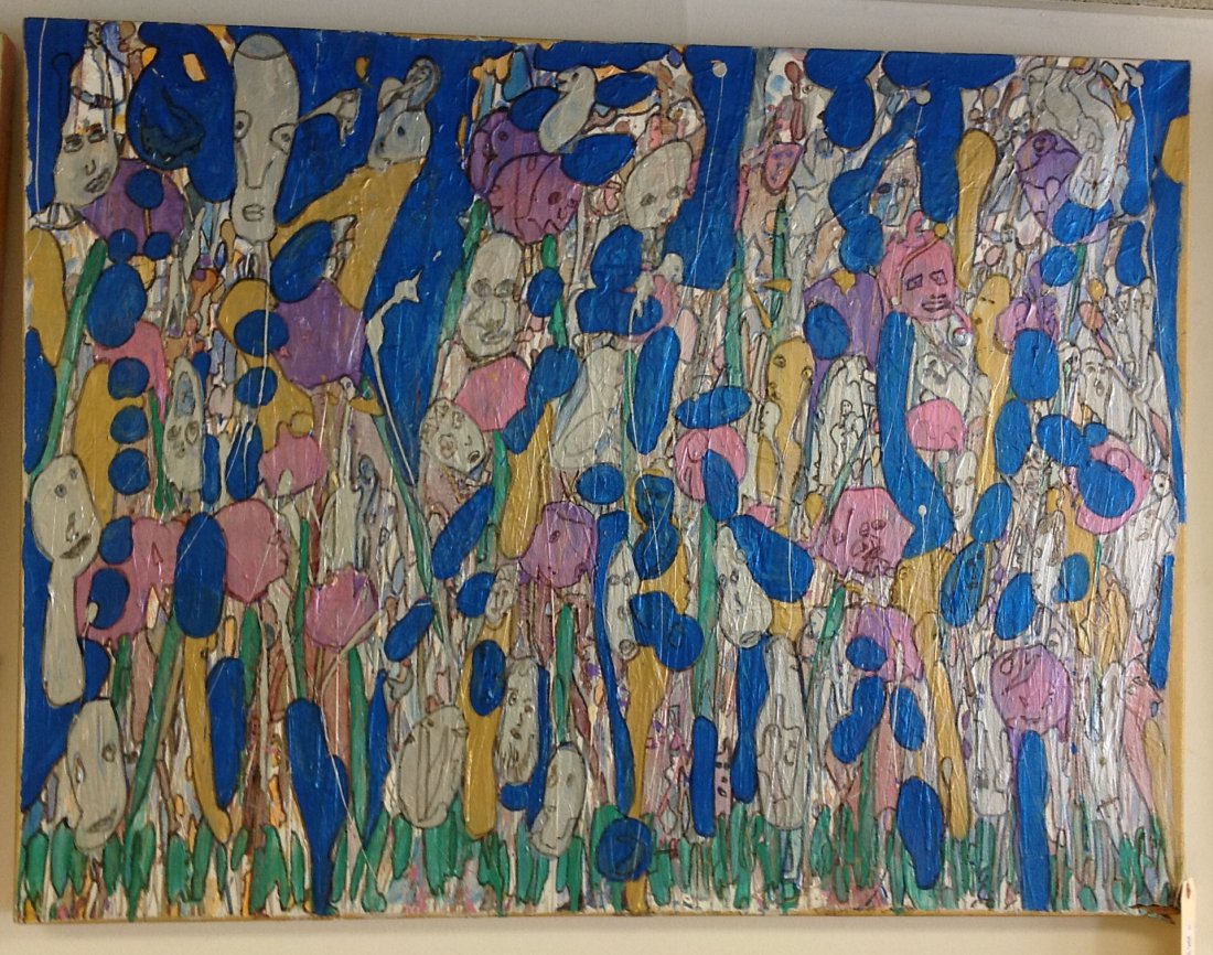 Abstract O/C titled "Gathering" by Mike Heinrich,: Abstract O/C titled "Gathering" by Mike Heinrich, marked on back. Small piece ripped on bottom right corner. Image measures 30 x 40