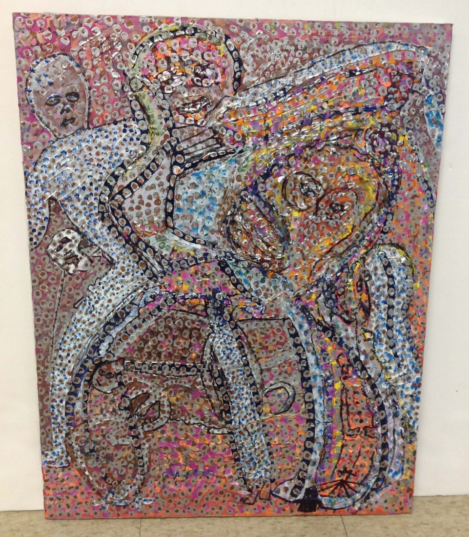 Abstract O/C titled Octopus Love Triangle, signed: Abstract O/C titled Octopus Love Triangle, signed Michael Heinrich, Woodstock NY artist, measures 28" X 22", good condition