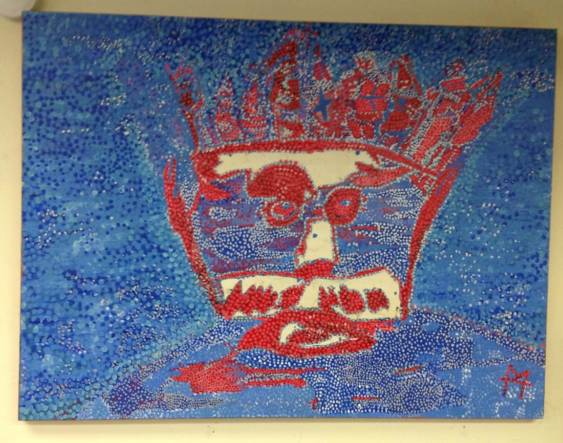 Abstract O/C titled W of Mass Destruction, signed by: Abstract O/C titled W of Mass Destruction, signed by Michael Heinrich, Woodstock NY artist, measures 35 1/2" X 30", good condition