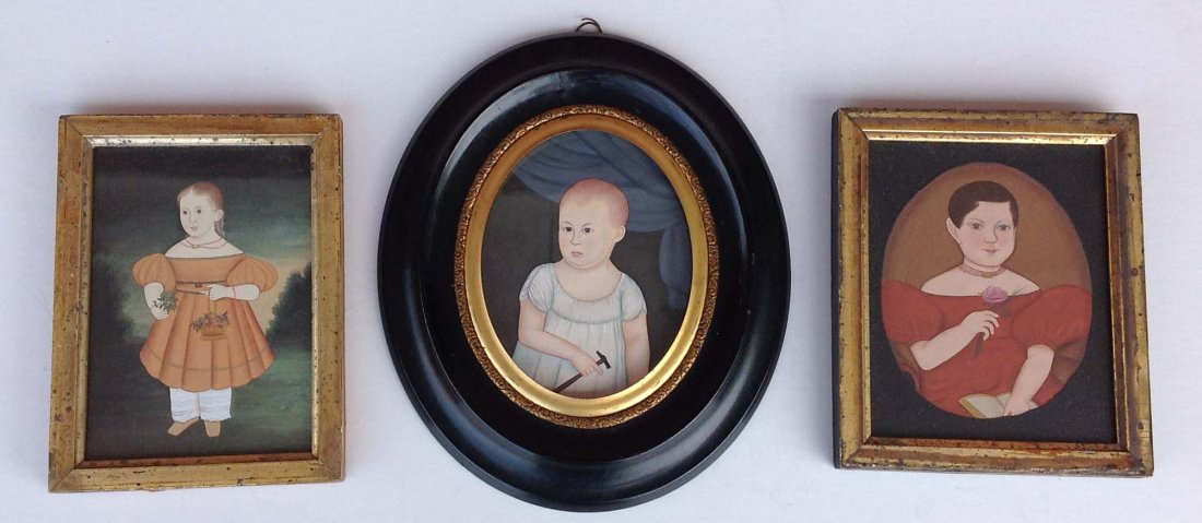 3 Small Primitive Gouache portrait copies of girls, two: 3 Small Primitive Gouache portrait copies of girls, two in period lemon gilt frames, approx. measurements 6 x 5 From retired Kingston, NY Doctors home, who spent 30 winters in China and was an avid co