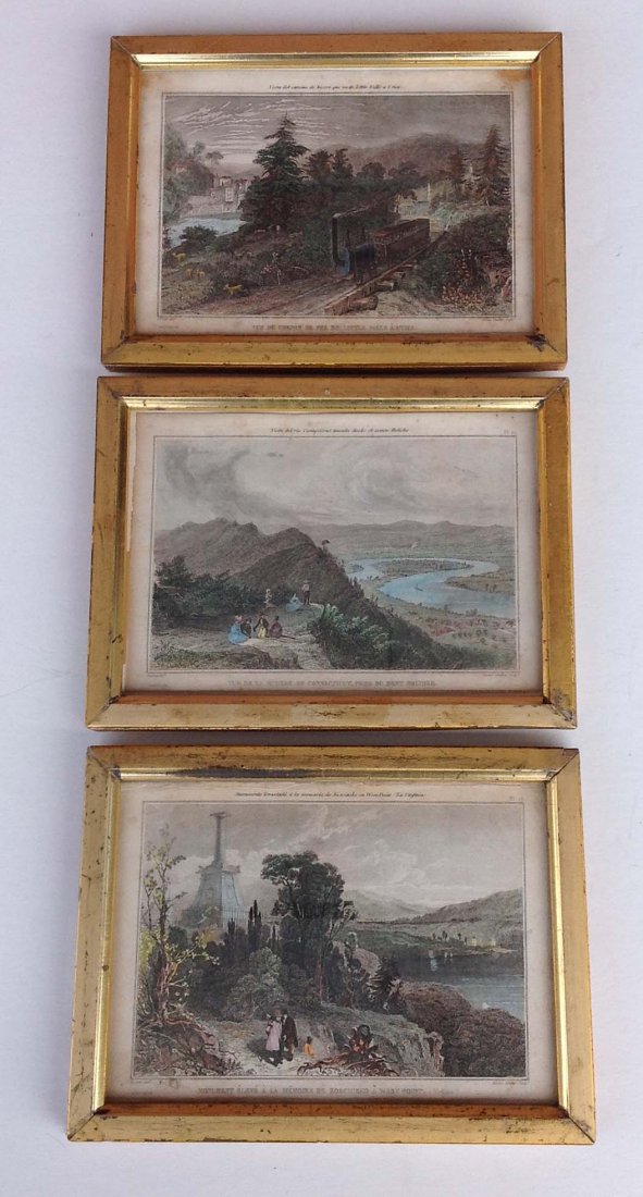 3 Early Colored prints USA scenes, titled as pictured: 3 Early Colored prints USA scenes, titled as pictured in period lemon gilt frames, frames measure 6 x 9