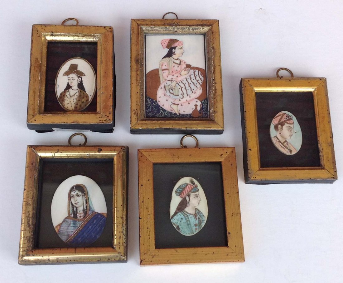 6 Handpainted miniature bone portraits of Indian women: 6 Handpainted miniature bone portraits of Indian women in lemon gilt frames measure approx. 4 x 3. From retired Kingston, NY Doctors home, who spent 30 winters in China and was an avid collector. Whil