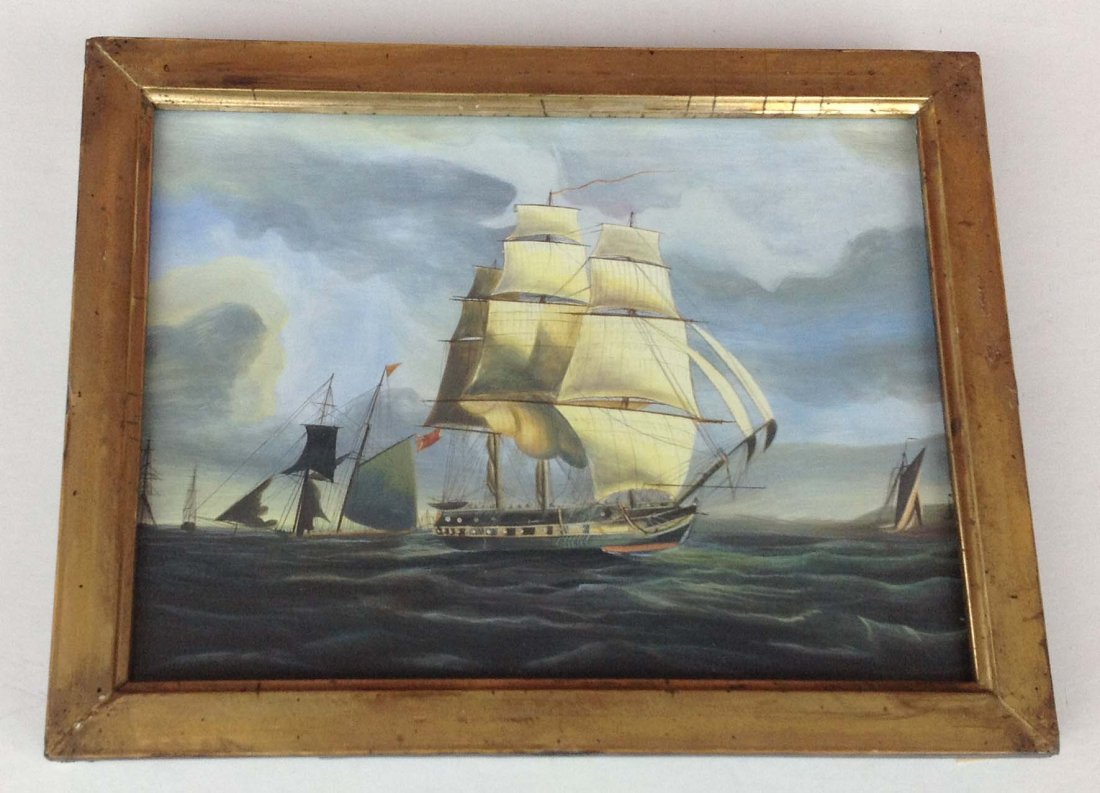 James Butterworth Primitive Gouache copy of Clipper: James Butterworth Primitive Gouache copy of Clipper Ship in period lemon gilt frame measures 7 x 9. From retired Kingston, NY Doctors home, who spent 30 winters in China and was an avid collector. Whi