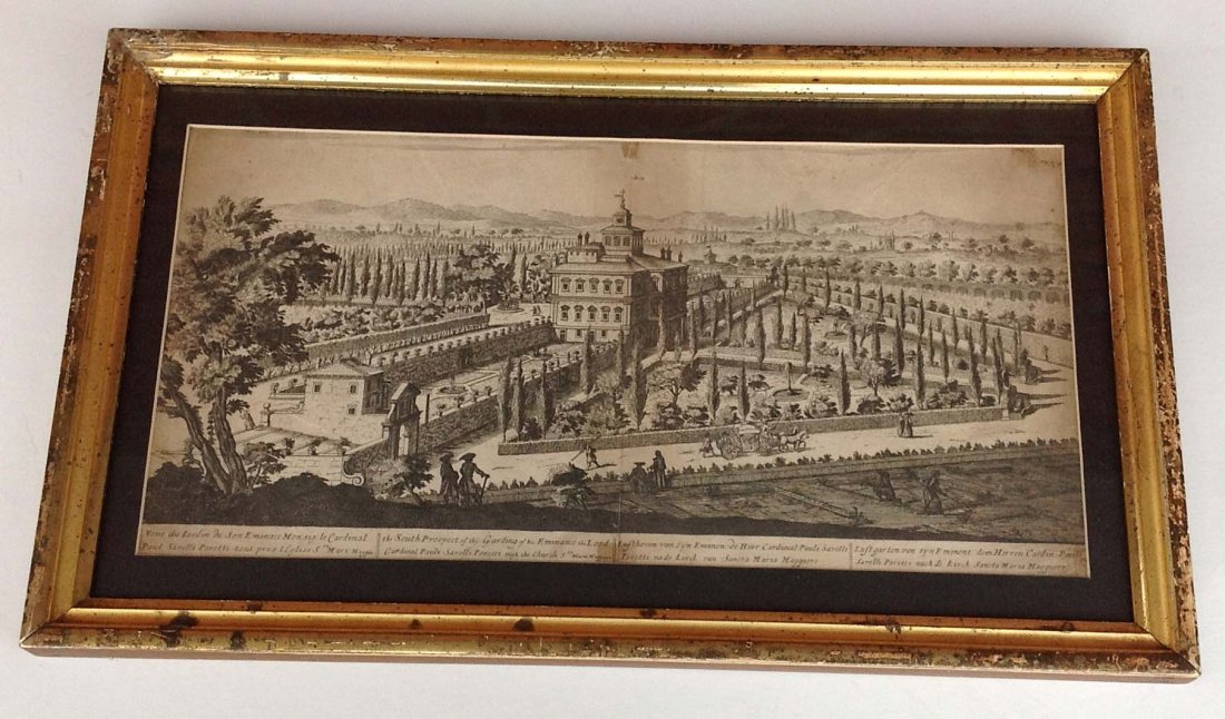 Early European print titled as pictured, in period: Early European print titled as pictured, in period lemon gilt frame, frame measures 12 1/2 x 21, some light staining.
