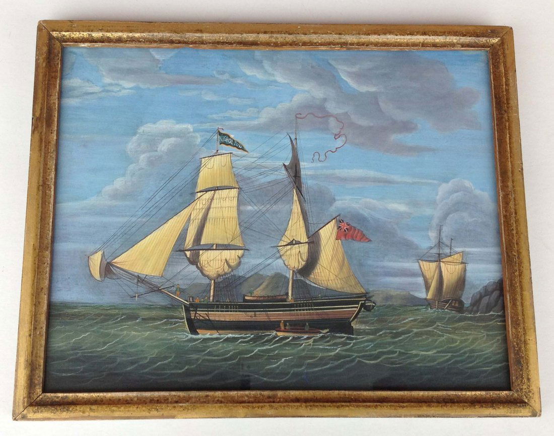 Robert Salmon Gouache copy of British Brig Nicholson: Robert Salmon Gouache copy of British Brig Nicholson off Whitehaven 1813 in period lemon gilt frame measures 12 x 15. From retired Kingston, NY Doctors home, who spent 30 winters in China and was an a