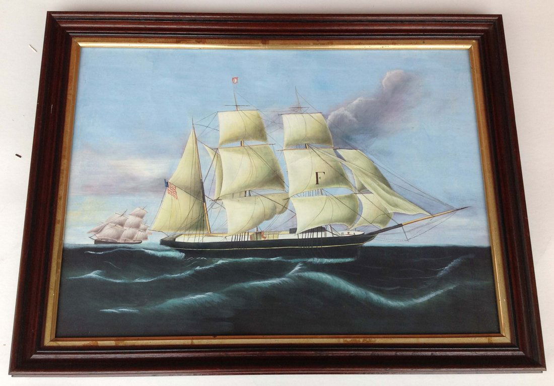 James Butterworth Gouache copy of Clipper Ship in: James Butterworth Gouache copy of Clipper Ship in period Victorian frame measures 17 x 23. From retired Kingston, NY Doctors home, who spent 30 winters in China and was an avid collector. While in Chi