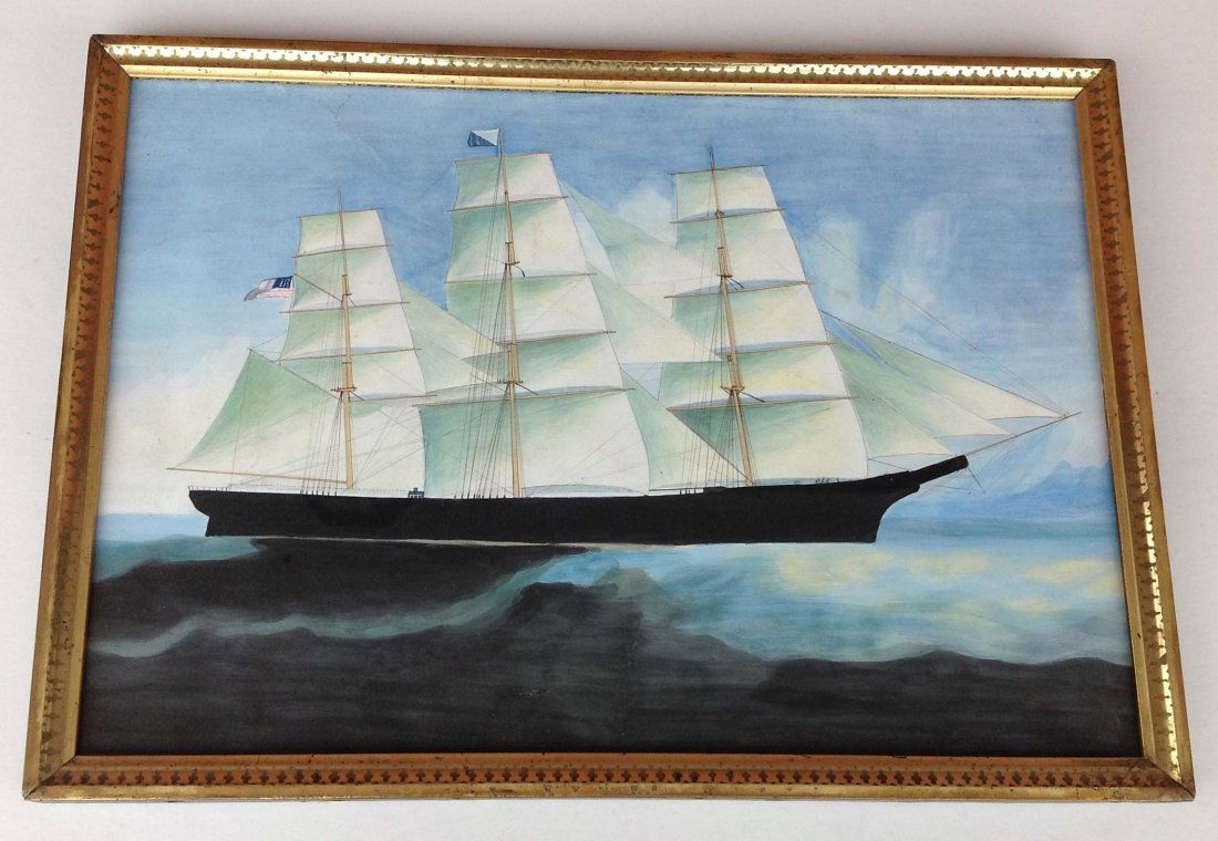 Gouache copy of USA Clipper Ship in Hong Kong in period: Gouache copy of USA Clipper Ship in Hong Kong in period lemon gilt frame measures 15 x 20. From retired Kingston, NY Doctors home, who spent 30 winters in China and was an avid collector. While in Chi