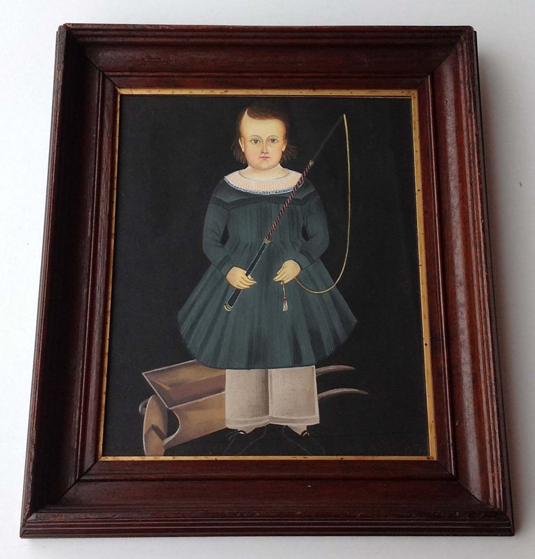 Primitive Gouache copy of young boy with whip and: Primitive Gouache copy of young boy with whip and wheelbarrow in period Victorian frame measures 12 x 11. From retired Kingston, NY Doctors home, who spent 30 winters in China and was an avid collecto