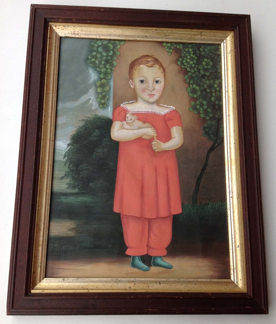 Philip Dennison Primitive Gouache copy of young girl: Philip Dennison Primitive Gouache copy of young girl with cat in period Victorian frame, measures 19 x 14. From retired Kingston, NY Doctors home, who spent 30 winters in China and was an avid collect