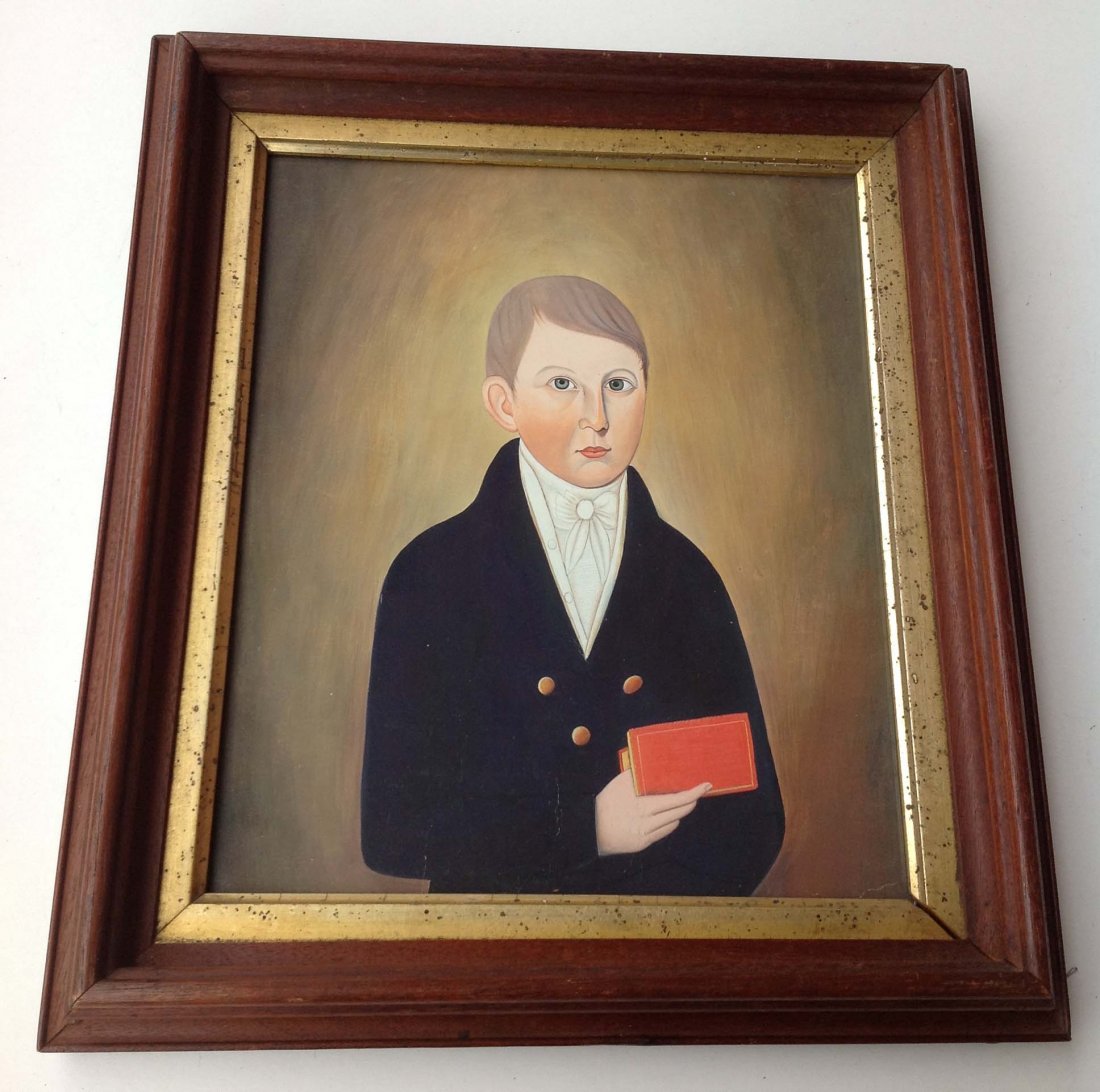 John Brewster Jr. Primitive Gouache copy portrait of: John Brewster Jr. Primitive Gouache copy portrait of young boy holding book in period Victorian frame measures 14 x 12. From retired Kingston, NY Doctors home, who spent 30 winters in China and was an