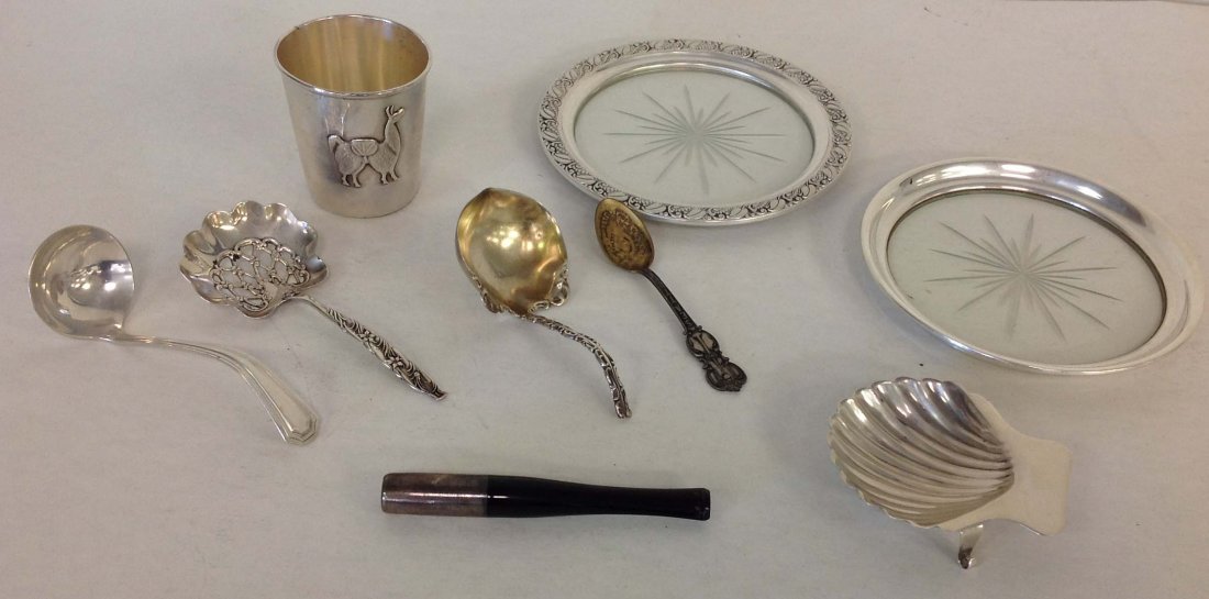 Lot of 9 Pieces of Sterling Silver, coasters and: Lot of 9 Pieces of Sterling Silver, coasters and ciggarette mouthpiece not included in weight 4.546 Troy Oz.